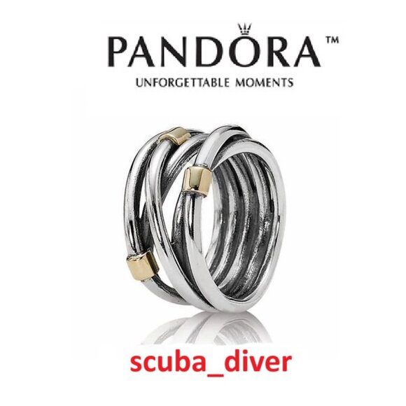 RARE Pandora Two-Tone Crossover Wrap Rope Ring 925 Silver 14K Gold Wide Band 8.5 - Picture 1 of 11